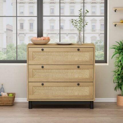 Solid wood chest of drawers with cane-front detailing and natural distressed finish - Modera Furnish