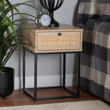 Modern 1-drawer light oak wood and cane bedside table with black metal frame - Modera Furnish