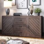 A deep espresso solid wood sideboard with three central drawers and two side doors featuring diagonal wood grain patterns - Modera Furnish.
