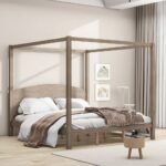 Solid wood king size canopy platform bed with headboard in brown finish - Modera Furnish