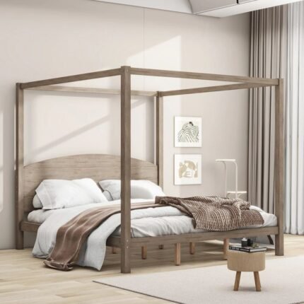 Solid wood king size canopy platform bed with headboard in brown finish - Modera Furnish