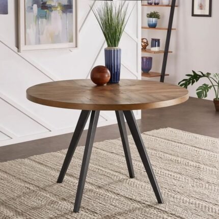 Mid-century modern solid wood oak dining table with metal base in round design - Modera Furnish