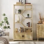 Natural solid wood 7-tier bookshelf with cabinet base for modern living room and study storage – Modera Furnish