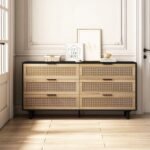 Modern natural wood 6-drawer chest with cane-style fronts and black frame for stylish bedroom and living room storage – Modera Furnish