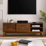 Solid wood mid-century TV cabinet with walnut finish and raised wooden feet for modern living rooms – Modera Furnish