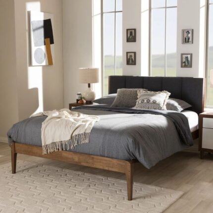 Mid-century solid wood platform king size bed in charcoal chestnut finish - Modera Furnish