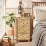 Solid wood 3-drawer tropical bedside table with diamond carvings and bun feet in natural finish - Modera Furnish