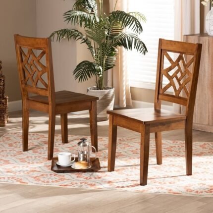 Modern solid wood dining chair set of two in walnut finish with geometric backrest design for contemporary dining spaces - Modera Furnish