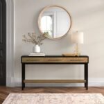Solid wood console table with three drawers and lower shelf in a contemporary linear design - Modera Furnish