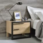 Industrial bedside table with solid wood drawer and black metal frame in oak and black finish - Modera Furnish