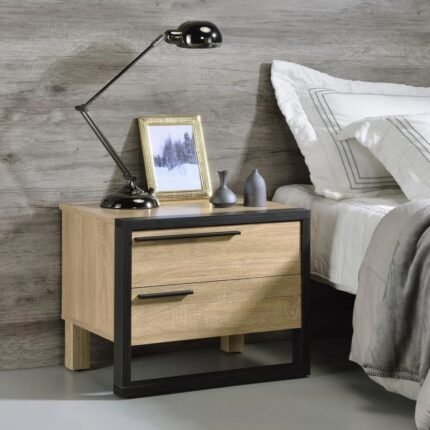 Industrial bedside table with solid wood drawer and black metal frame in oak and black finish - Modera Furnish
