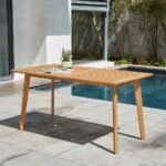 Solid wood slatted dining table with natural brown finish in a modern outdoor-inspired design – Modera Furnish
