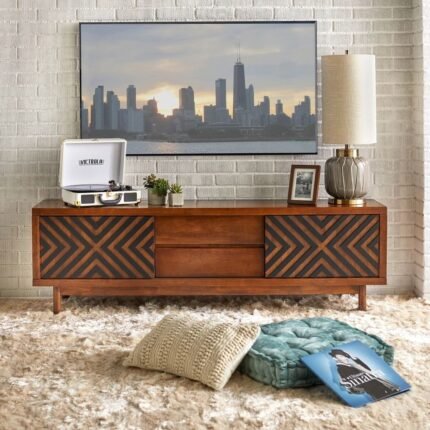 Solid wood mid-century TV stand with geometric cabinet detailing in tobacco brown and black – Modera Furnish