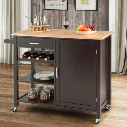 Luxurious brown wood bar trolley cabinet with wine rack, drawer, and mobile wheels — perfect for modern entertaining by Modera Furnish.
