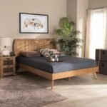 Solid wood bedroom bed with woven cane headboard and walnut brown finish for contemporary interiors - Modera Furnish