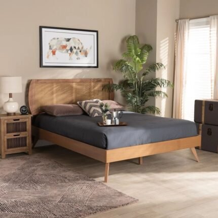 Solid wood bedroom bed with woven cane headboard and walnut brown finish for contemporary interiors - Modera Furnish