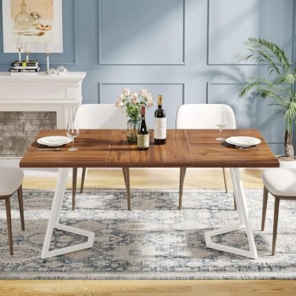 Modern solid wood dining table with brown wood top and white base in contemporary style – Modera Furnish