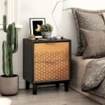 Contemporary natural and black wood end table with hexagonal etched drawers and gold hardware - Modera Furnish