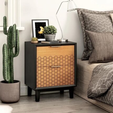 Contemporary natural and black wood end table with hexagonal etched drawers and gold hardware - Modera Furnish