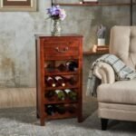 Stunning dark oak wood wine rack cabinet with drawer and four wine racks in vintage-inspired design by Modera Furnish.