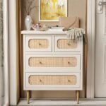 White and cane 4-drawer chest with oak accents and tapered legs for warm modern storage – Modera Furnish