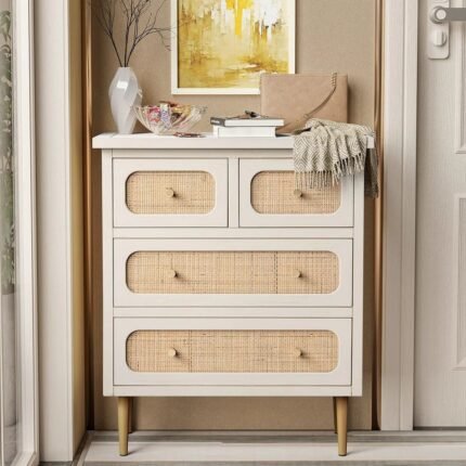 White and cane 4-drawer chest with oak accents and tapered legs for warm modern storage – Modera Furnish