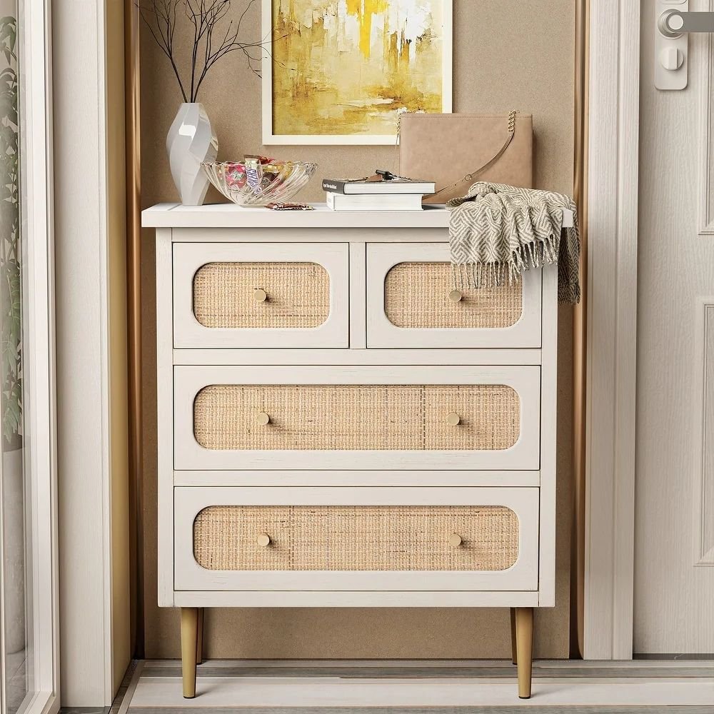 59 White and cane 4-drawer chest with oak accents and tapered legs for warm modern storage – Modera Furnish