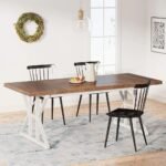 Rectangular solid wood dining table with brown top and white painted base in mid-century modern style – Modera Furnish.