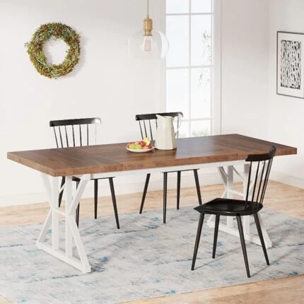 Rectangular solid wood dining table with brown top and white painted base in mid-century modern style – Modera Furnish.