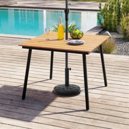 Stylish solid wood dining table with brown finish and black metal legs – Modera Furnish