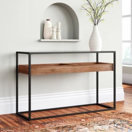 Solid wood console table with painted white top, metal frame, and lower wooden tray in contemporary style - Modera Furnish