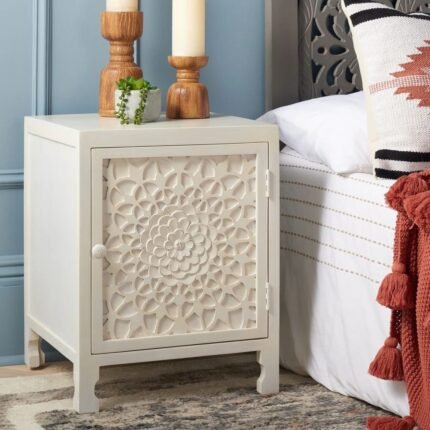 Luxury white hand-carved wood bedside table with floral mandala door and internal shelves - Modera Furnish