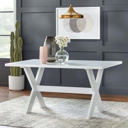 White solid wood dining table with modern X-base design – Modera Furnish