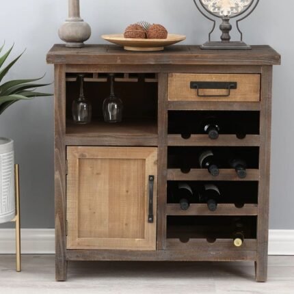 Rustic wood wine storage cabinet with racks, drawer, and glass holders in farmhouse style by Modera Furnish.