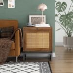 Accent bedside table with solid wood cabinet, cane panel front, and metal base in rustic brown finish - Modera Furnish