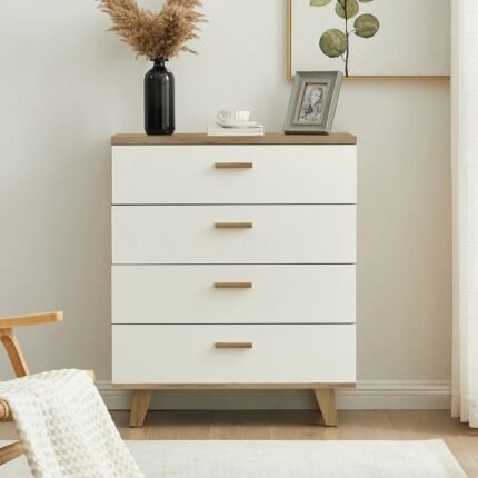 Modern oak and white 4-drawer chest with minimalist legs and handles for refined bedroom and hallway storage – Modera Furnish
