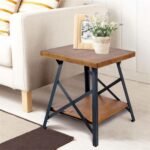 A rustic brown solid wood end table featuring a lower storage shelf and a black metal X-frame base - Modera Furnish.