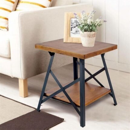 A rustic brown solid wood end table featuring a lower storage shelf and a black metal X-frame base - Modera Furnish.