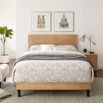Wooden king size bed with adjustable height headboard in beige solid wood finish for contemporary interiors - Modera Furnish