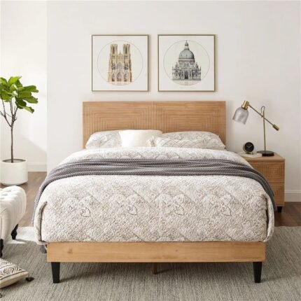 Wooden king size bed with adjustable height headboard in beige solid wood finish for contemporary interiors - Modera Furnish