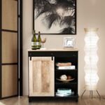 Luxury wine storage cabinet in black and oak finish with drawers, shelves, and barn-style sliding door by Modera Furnish.
