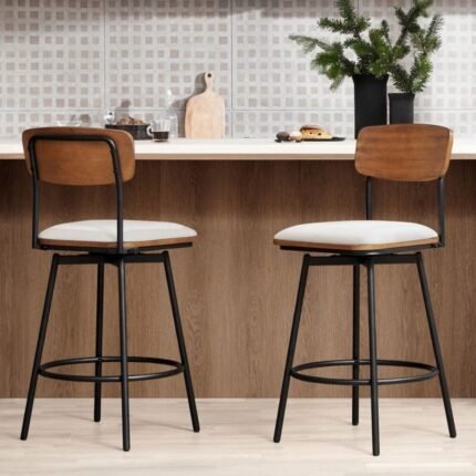 Solid wood and metal bar stool set in beige finish for modern kitchen and bar seating – Modera Furnish