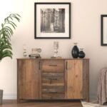 A sophisticated distressed multi-toned finish solid reclaimed wood sideboard featuring three central storage drawers and dual side cabinets - Modera Furnish.