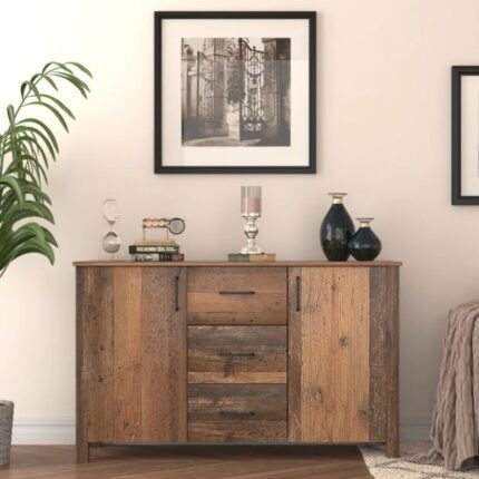 A sophisticated distressed multi-toned finish solid reclaimed wood sideboard featuring three central storage drawers and dual side cabinets - Modera Furnish.
