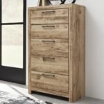 Tall solid wood chest of five drawers with rustic brown finish and metal handles for organized interiors - Modera Furnish