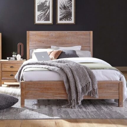 Distressed solid wood queen bed with driftwood finish and clean-lined design for modern sleeping spaces - Modera Furnish