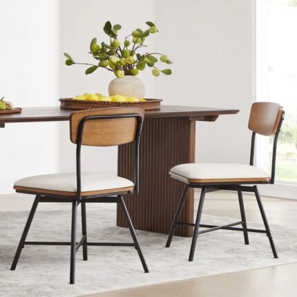 Modern sheesham wood swivel dining chair set of two with metal base in black and brown finish for contemporary dining spaces - Modera Furnish
