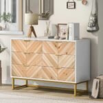 Mid-century 6-drawer chest with white frame and chevron natural wood fronts – Modera Furnish