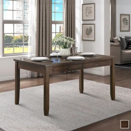 Solid wood dining table with dark brown finish and built-in storage drawer – Modera Furnish