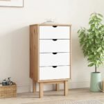 A minimalist solid wood chest in a natural brown finish features clean white drawers and a tall, slender rectangular silhouette - Modera Furnish.